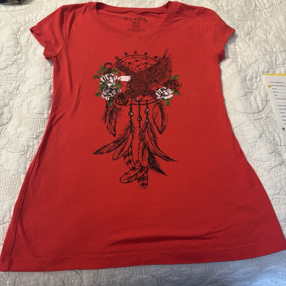 Wound‎ Up Girl Teen Shirt Small 3/5 Red Eagle With Dreamcatcher Boho Cap Sleeves